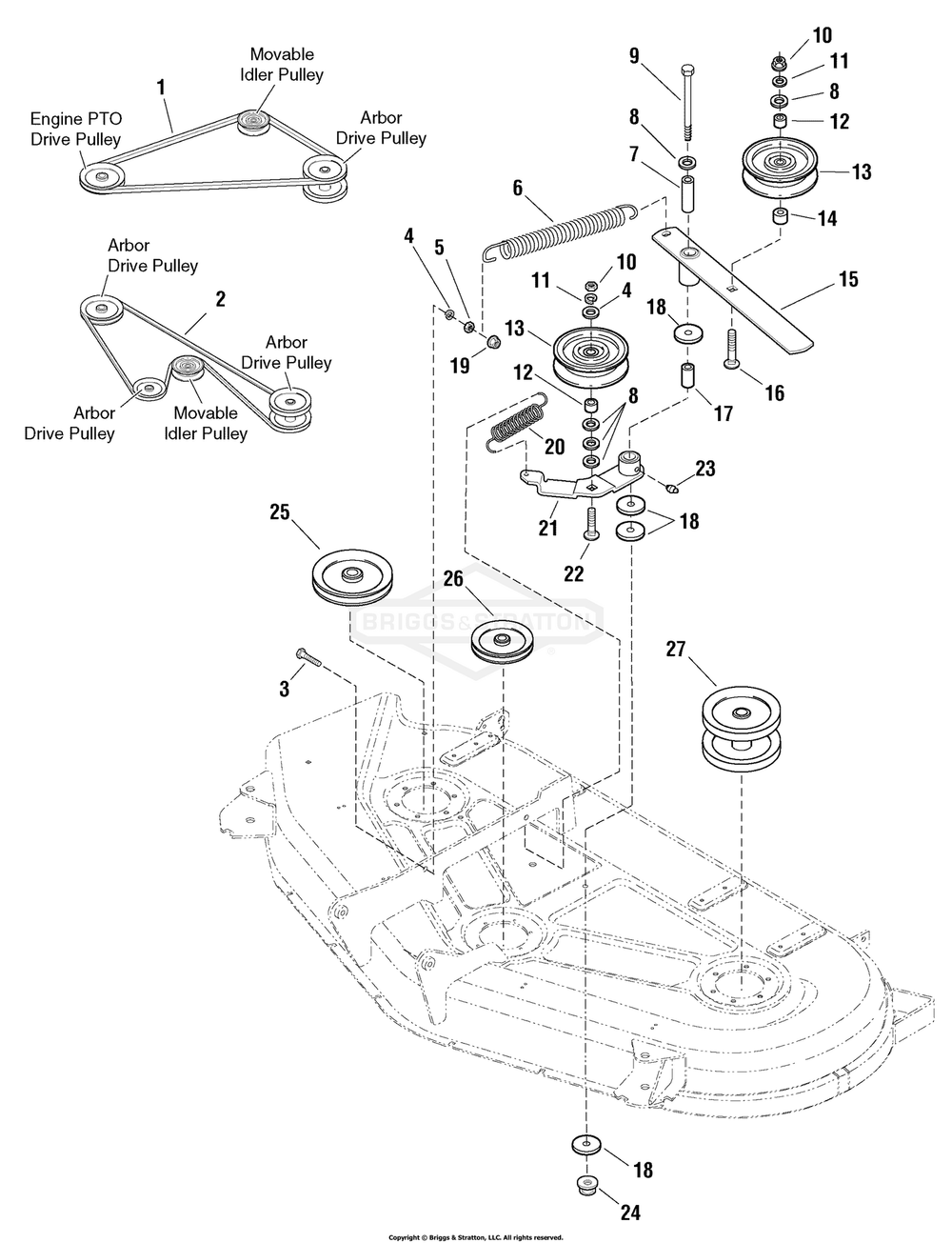 54-Inch Mower Deck - Arbor Drive Group Diagram and Parts List for 107250070 (2691088-00)(2012) Briggs and Stratton Lawn Tractor